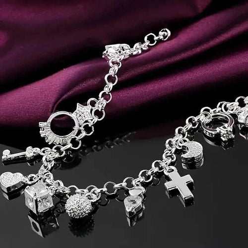 13 Pendant Charm Bracelet - Cubic Zirconia, No Plating, Fashion Jewelry Chain
