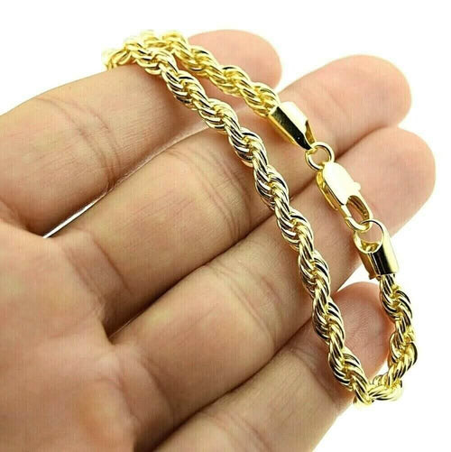 14K Solid Yellow Gold 4MM Rope Chain Thick Necklace Bracelet for Men and Women