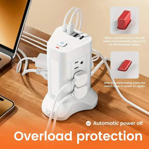 14-in-1 Power Strip Tower with 4 USB Ports & 9 AC Outlets, 10ft Extension Cable, Adjustable 3-Color Night Light