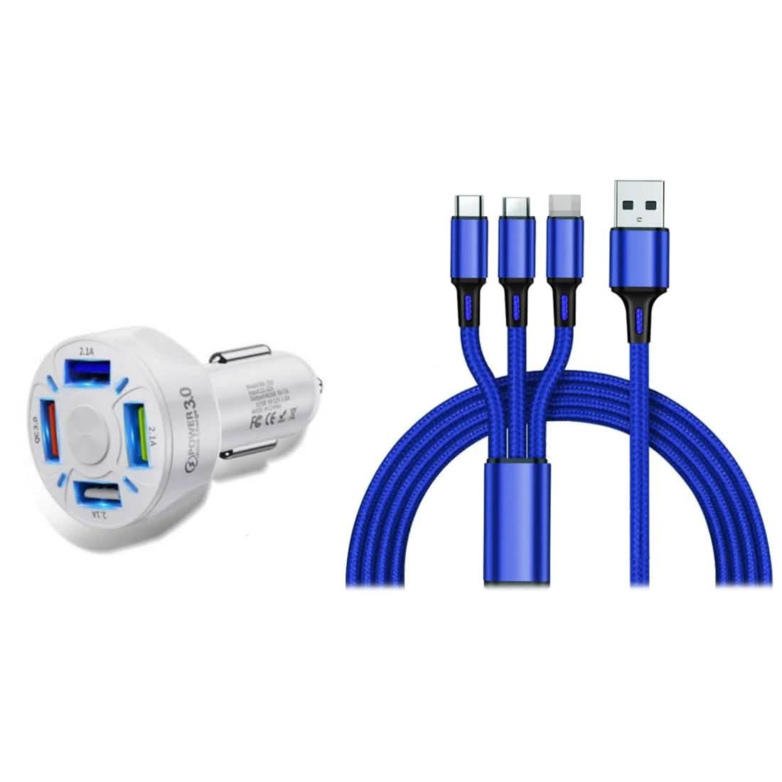 4 Port LED Car Charger + 3-in-1 Cable Combo