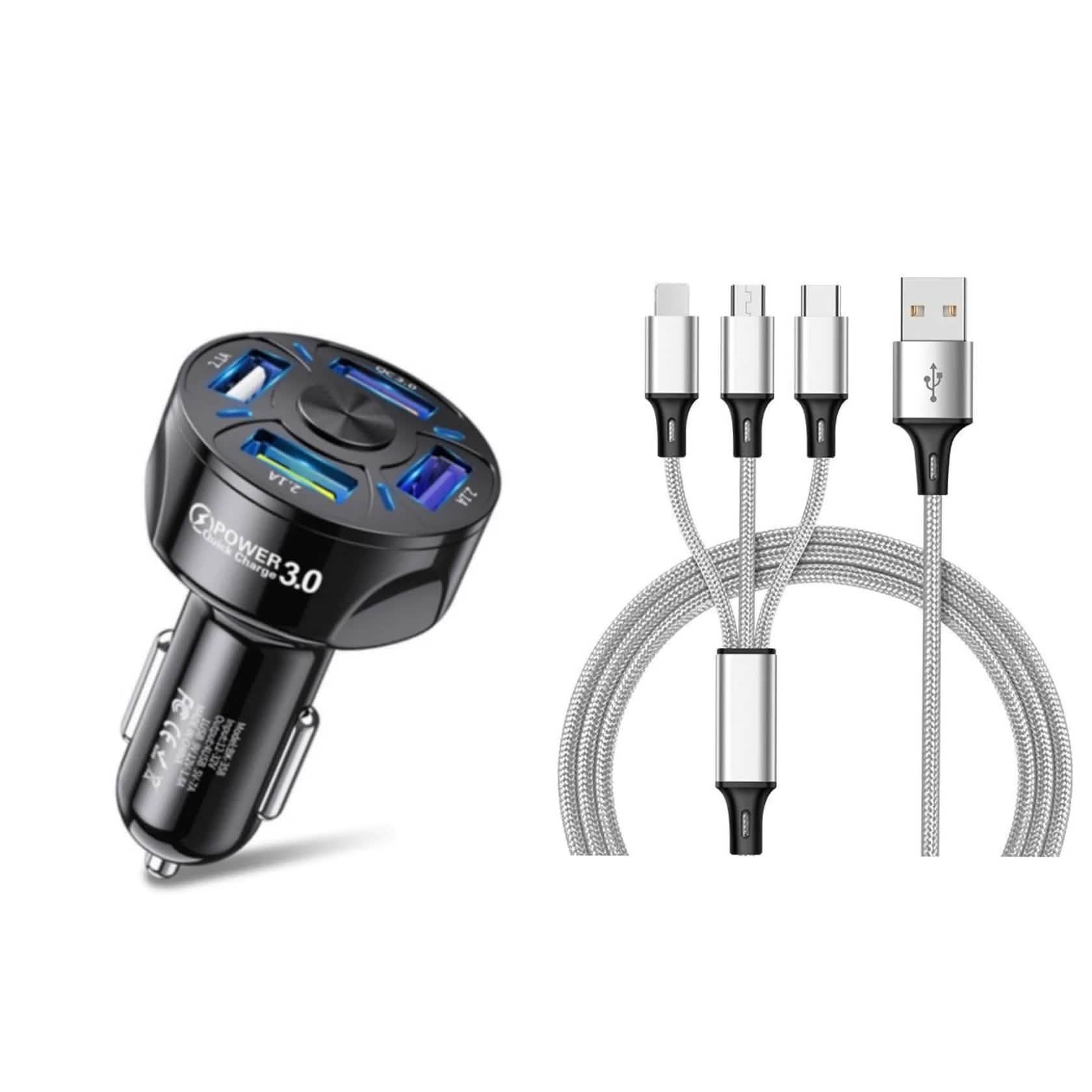 4 Port LED Car Charger + 3 in 1 Cable Combo
