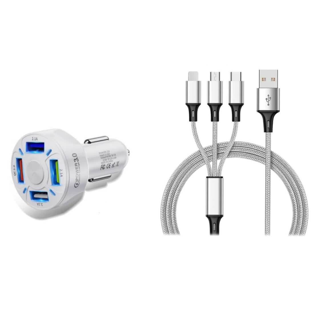 4 Port LED Car Charger + 3-in-1 Cable Combo