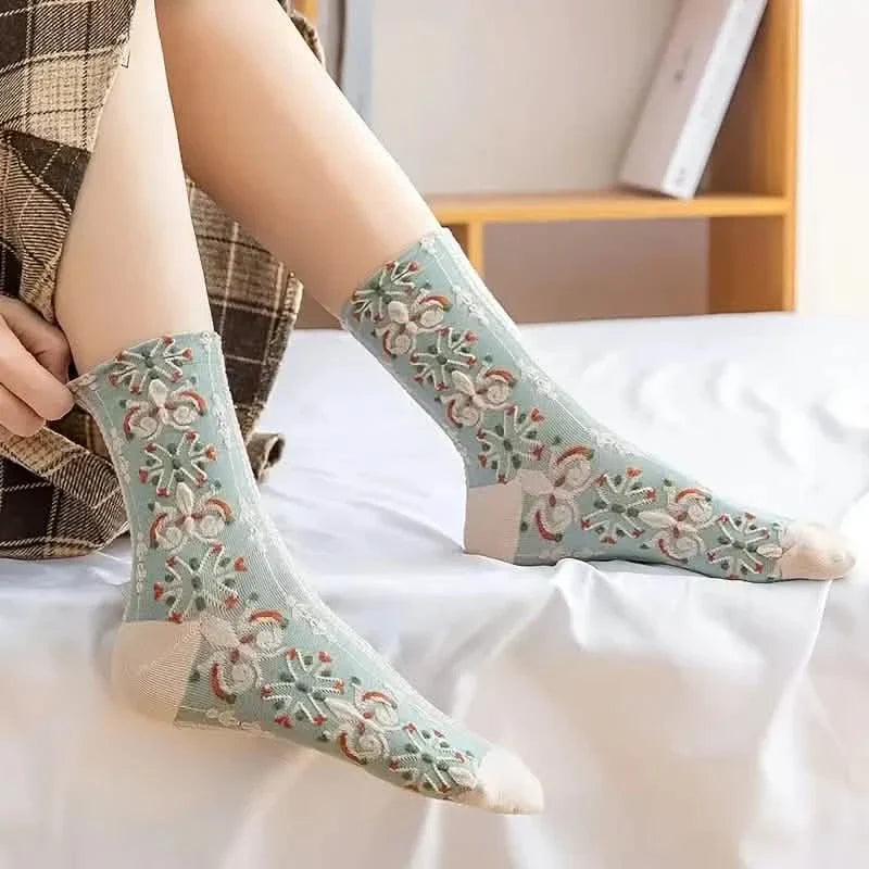 5-Pairs: Flower Geometric 3D Textured Ankle Cotton Blend Cottage Core Lucky Socks