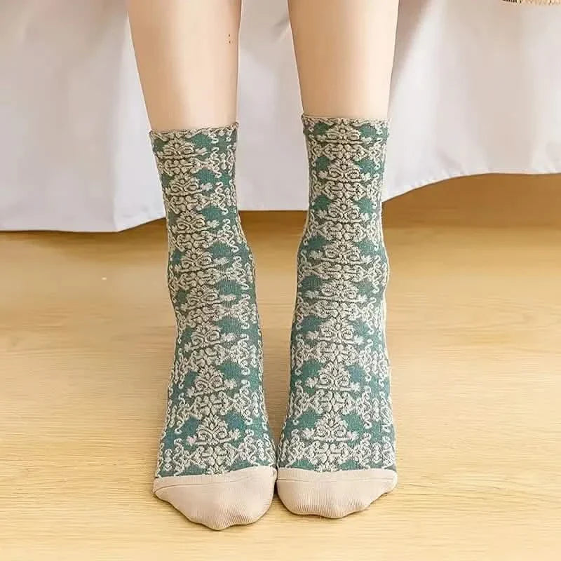 5-Pairs: Flower Geometric 3D Textured Ankle Cotton Blend Cottage Core Lucky Socks