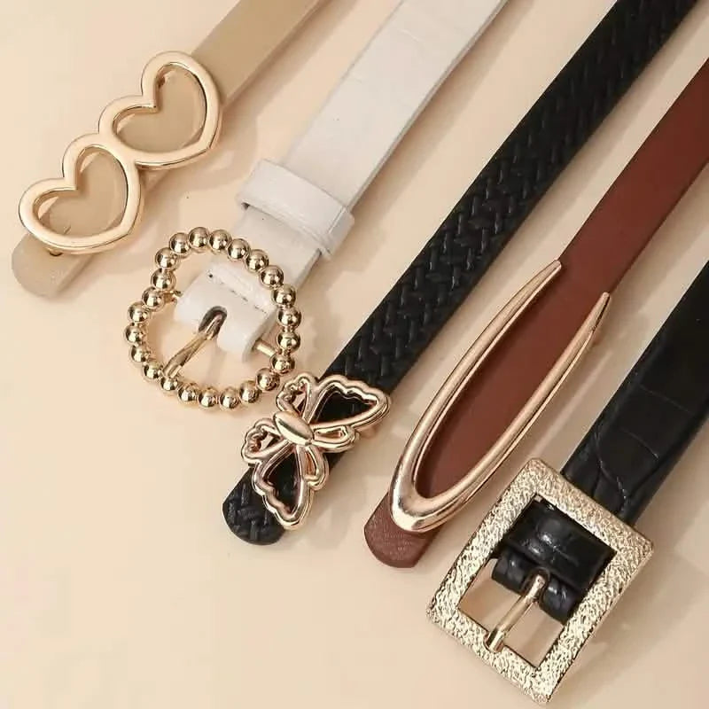 5-Pieces: Vintage PU Leather Solid Color Casual Jeans Pants Belt For Women