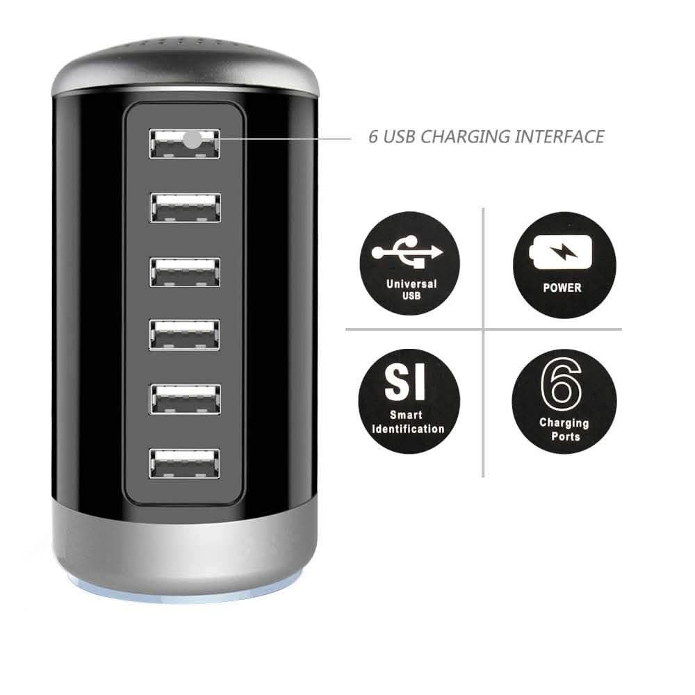 6 USB Port 30W Smart Charging Tower - Assorted Colors