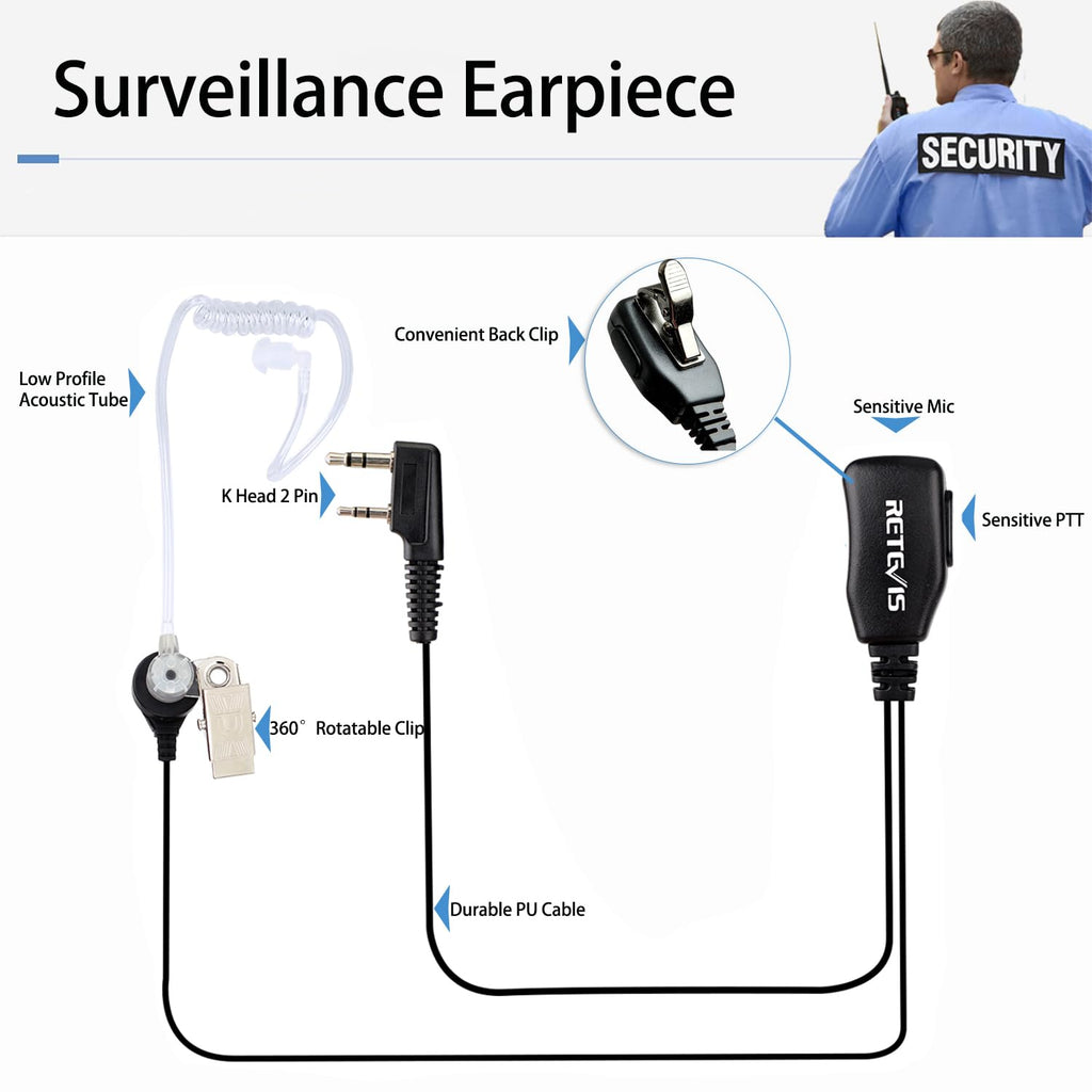 Case of 10, Retevis Walkie Talkies Earpiece with Mic 2 Pin Acoustic Tube Headset, for RT22 RT21 RT68 H777, Compatible with Pxton Baofeng BF-888S BF-T26 Kenwood walkie talkie, Two Way Radio Earpiece