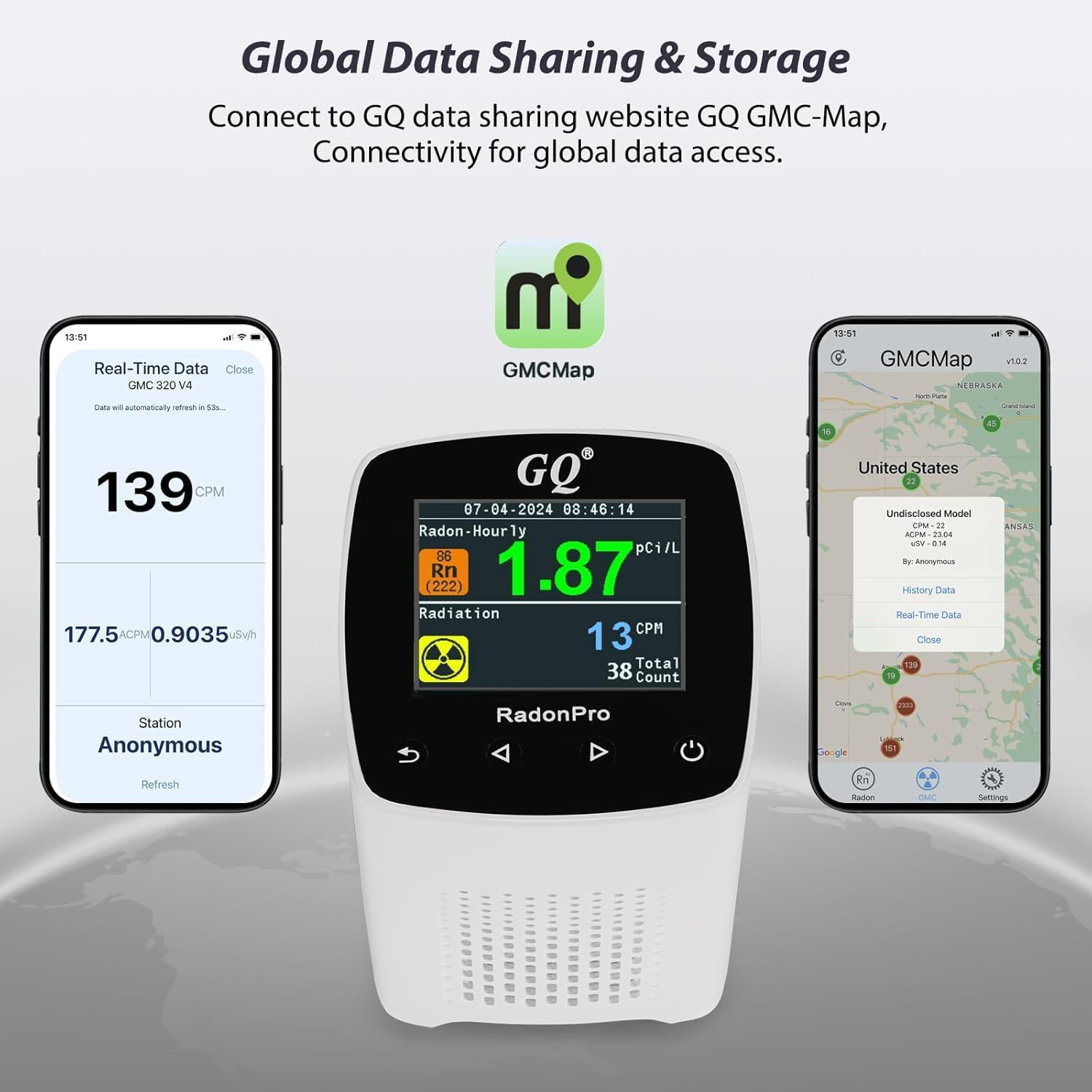 GQ Radon Pro 2-in-1 Radon and Nuclear Radiation Detector | Geiger Counter | Fast, Accurate Detection | Simple Color Display | USA Product | Real-time Data App | Data Sharing