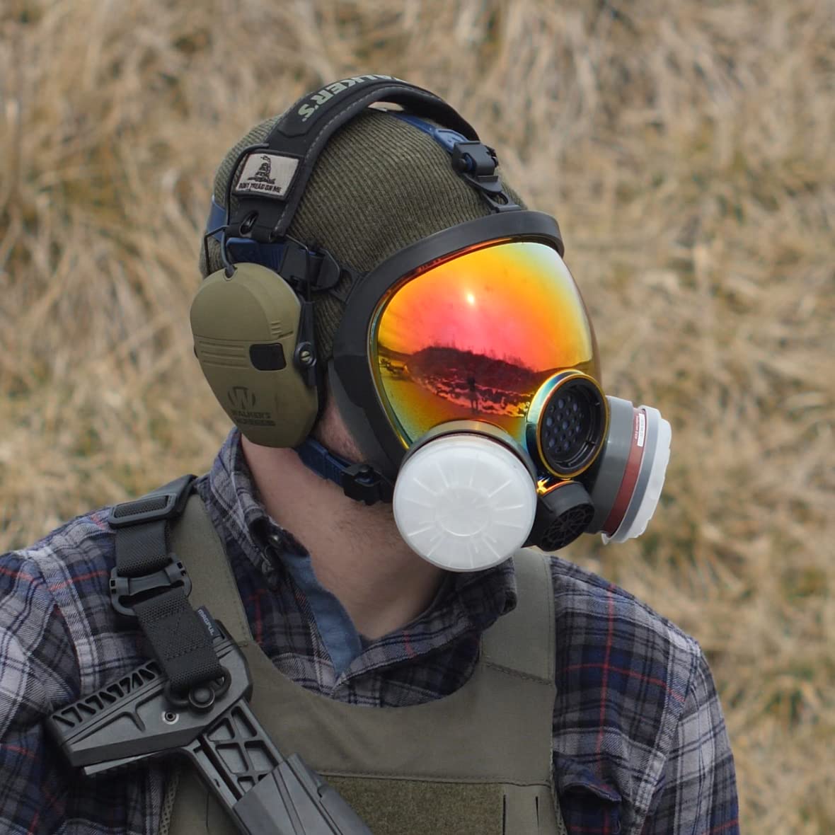 ST-100X Inferno Red Mirrored Survival & Tactical Full Face Respirator with P-D-1 Single 40mm Carbon Activated Charcoal Filter Canister