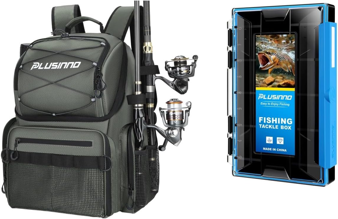 PLUSINNO Fishing Tackle Box, Waterproof Tackle Box Organizer with Removable Dividers, With Fishing Backpack
