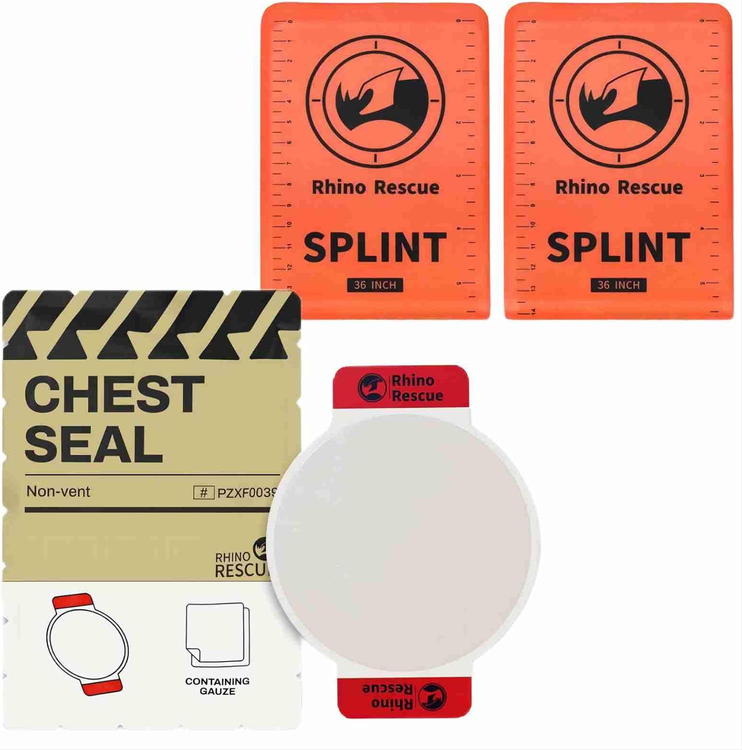 RHINO RESCUE Bundle-Non-Vented Chest Seal, IFAK Emergency Trauma Dressing+First Aid Splint 36" X 4.3" Orange-Gray
