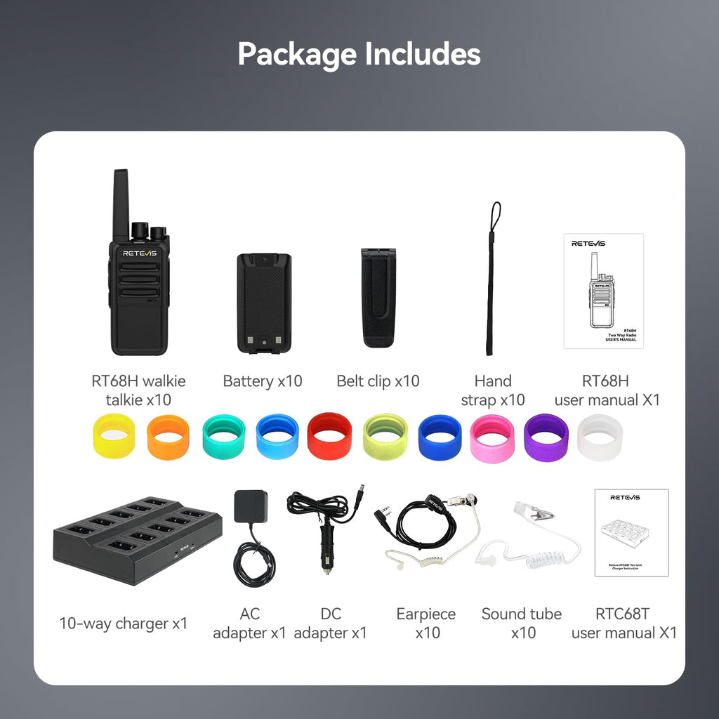 Retevis RT68 Two-Way Radios Long Range, Walkie Talkies for Adults, 2 Way Radio with Earpiece, Walkie Talkie Rechargeable with Charging Base, for Manufacturing Restaurant Business School(10 Pack)