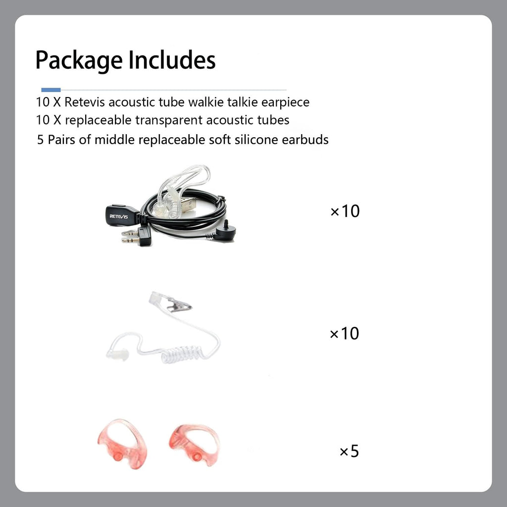 Case of 10, Retevis Walkie Talkies Earpiece with Mic 2 Pin Acoustic Tube Headset, for RT22 RT21 RT68 H777, Compatible with Pxton Baofeng BF-888S BF-T26 Kenwood walkie talkie, Two Way Radio Earpiece