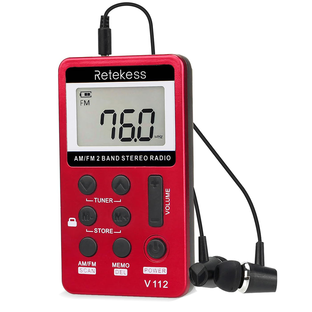 Retekess V112 AM FM Portable Pocket Radio, FM Receiver, Digital Tuning Stereo, with Headphones, Rechargeable Battery, for Walking, Jogging, Training, Church (Red)