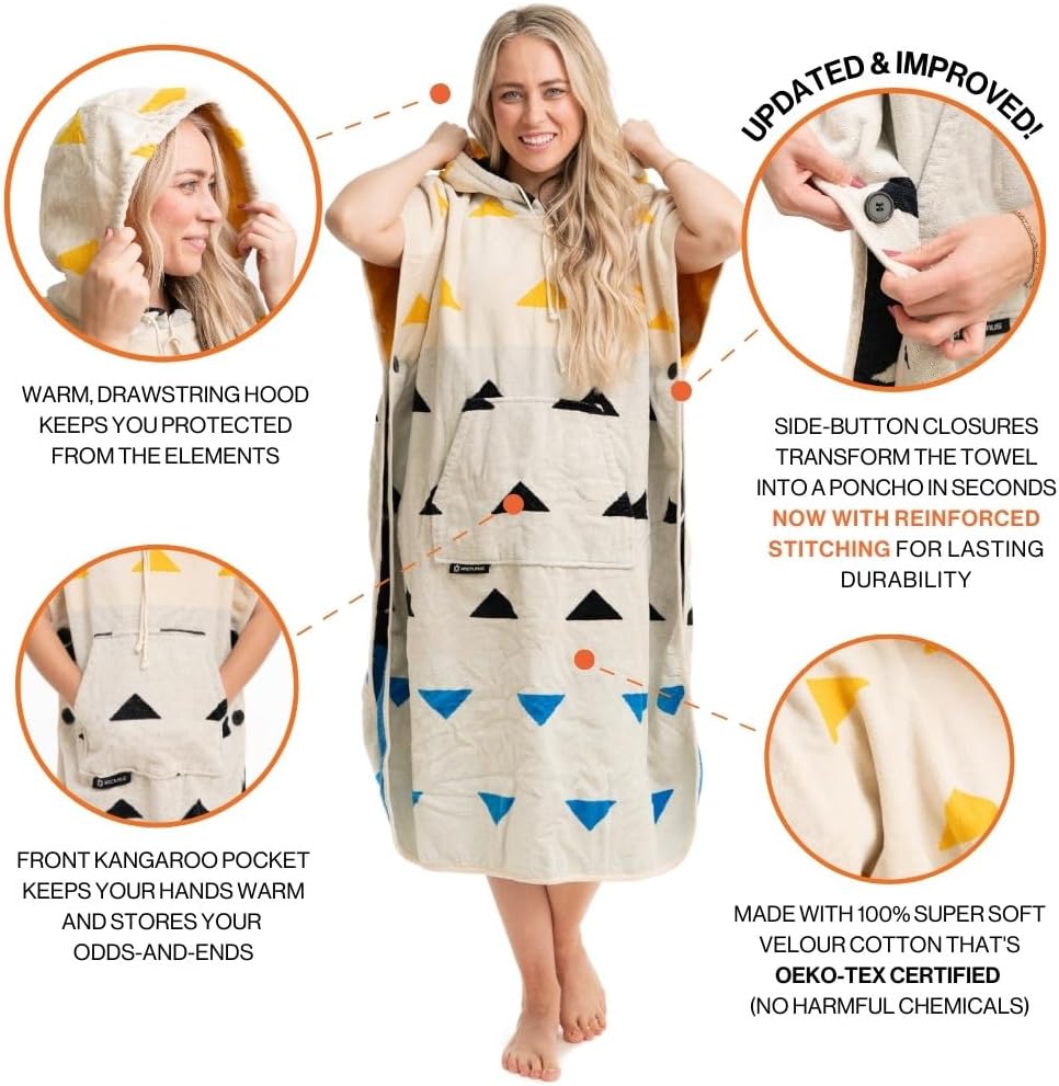 Arcturus Surf Poncho | Hooded Changing Towel & Cover-Up | 100% Cotton Velour | 2-in-1 Design Converts Your Poncho to a Beach Towel (Trestles, Adult)