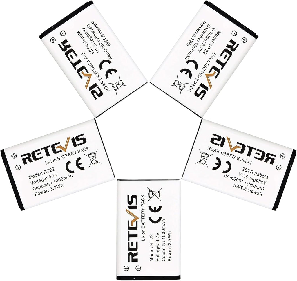 Retevis RT22 RT22S RT15 RT19 walkie talkies Battery Original 3.7V Li-ion Battery 1000mAh Compatible RT22 RT22S RT15 RT19 WLN KD-C1 Walkie Talkies (5 Pack)