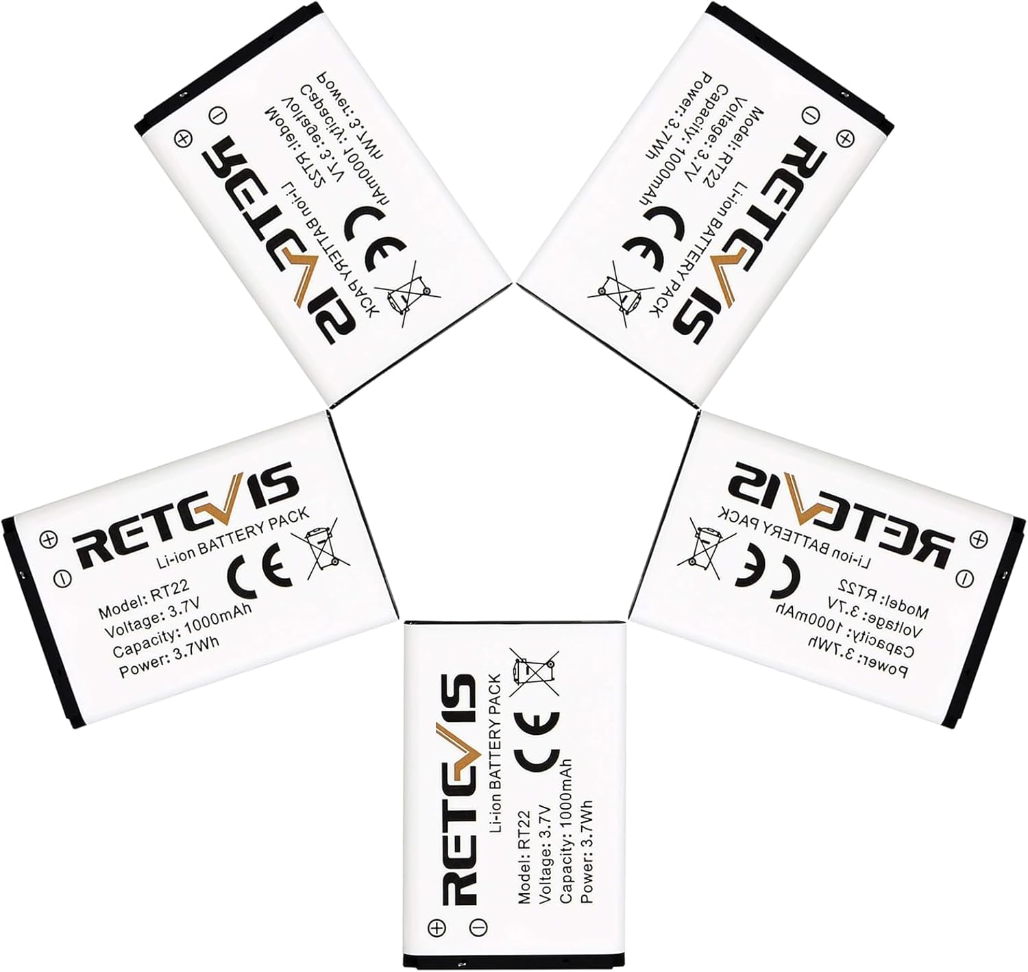 Retevis RT22 RT22S RT15 RT19 walkie talkies Battery Original 3.7V Li-ion Battery 1000mAh Compatible RT22 RT22S RT15 RT19 WLN KD-C1 Walkie Talkies (5 Pack)