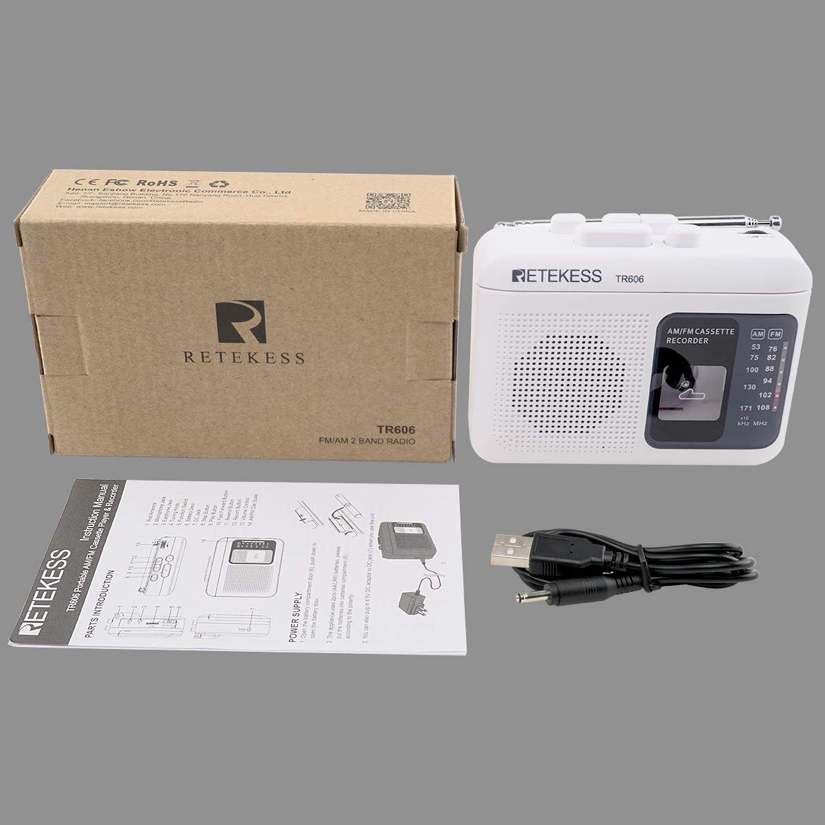 Retekess TR606 Cassette Tape Player, Cassette Player Recorder, Built-in Speaker, AUX/Microphone Jack, Support AUX Line in Record, AM FM Radio, Powered by DC or AA Battery (White)