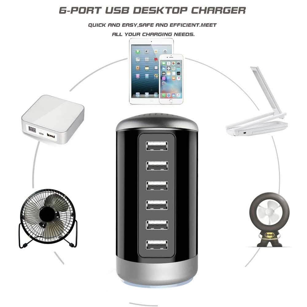 6 USB Port 30W Smart Charging Tower - Assorted Colors