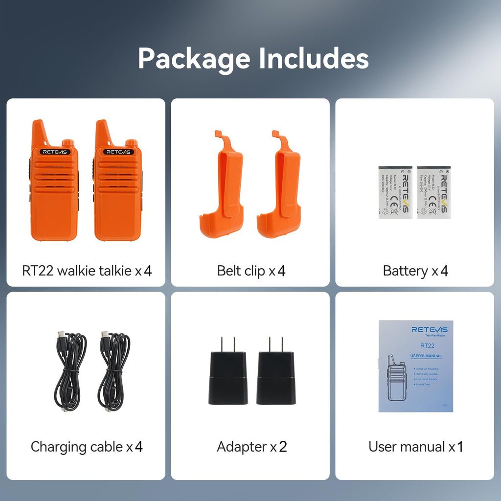 Retevis RT22 Two Way Radio Long Range Rechargeable,Portable 2 Way Radio, USB-C Charging, Handsfree Walkie Talkies for Adults Cruise Hiking Camping(4 Pack)