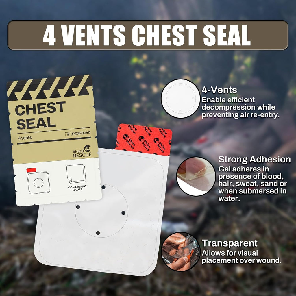 RHINO RESCUE Bundle-Vented Chest Seal, 4 Vents, Sterile Emergency Trauma Dressing, Occlusive Adhesive Pad+6" Israeli Style Emergency Bandage, Compression Trauma Wound Dressing
