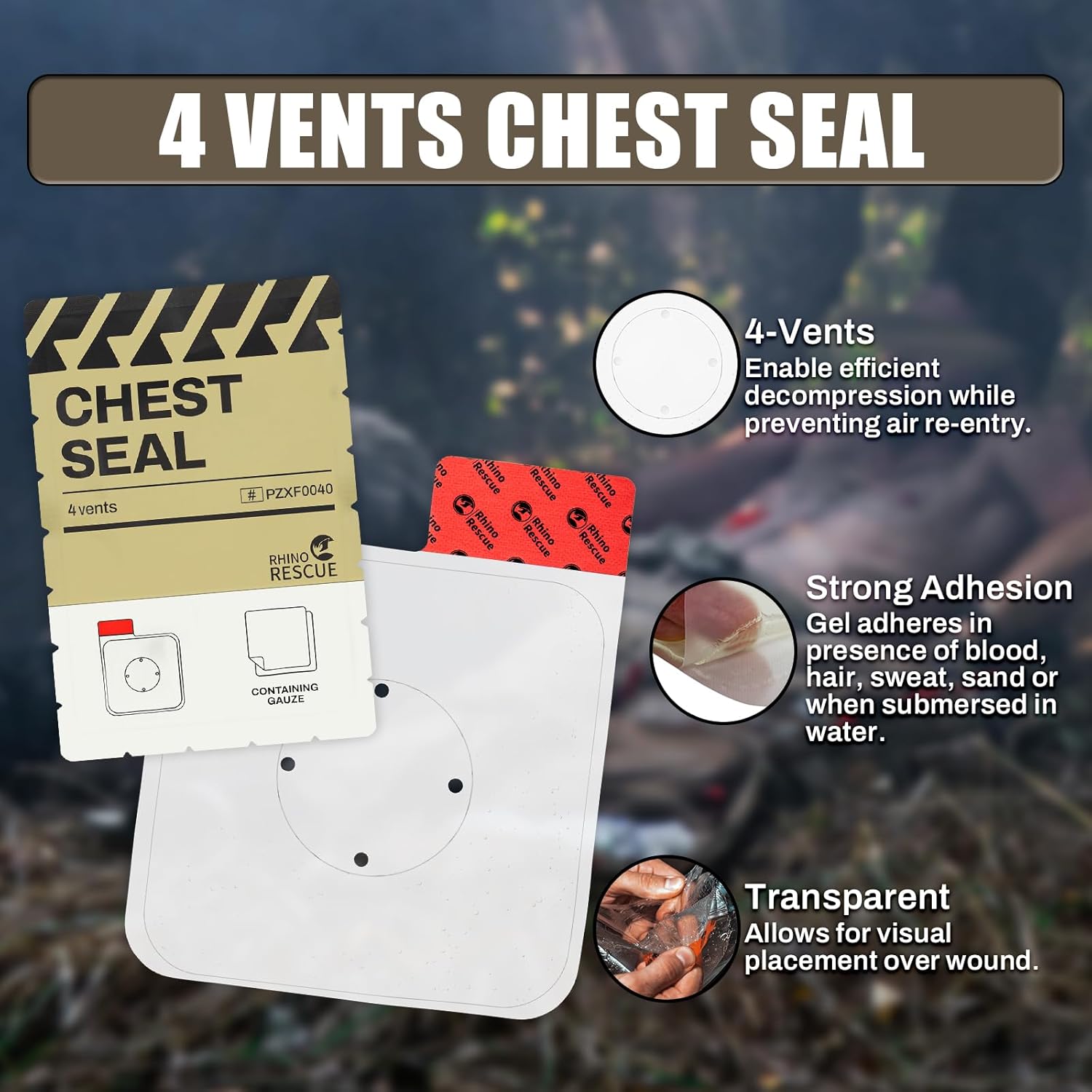 Rhino RESUE Bundle-Vented Chest Seal, 4 Vents, Sterile Emergency Trauma Dressing, Occlusive Adhesive Pad+Trauma Kit with C-A-T Tourniquet, Tactical First Aid Kit Molle Pouch for Military