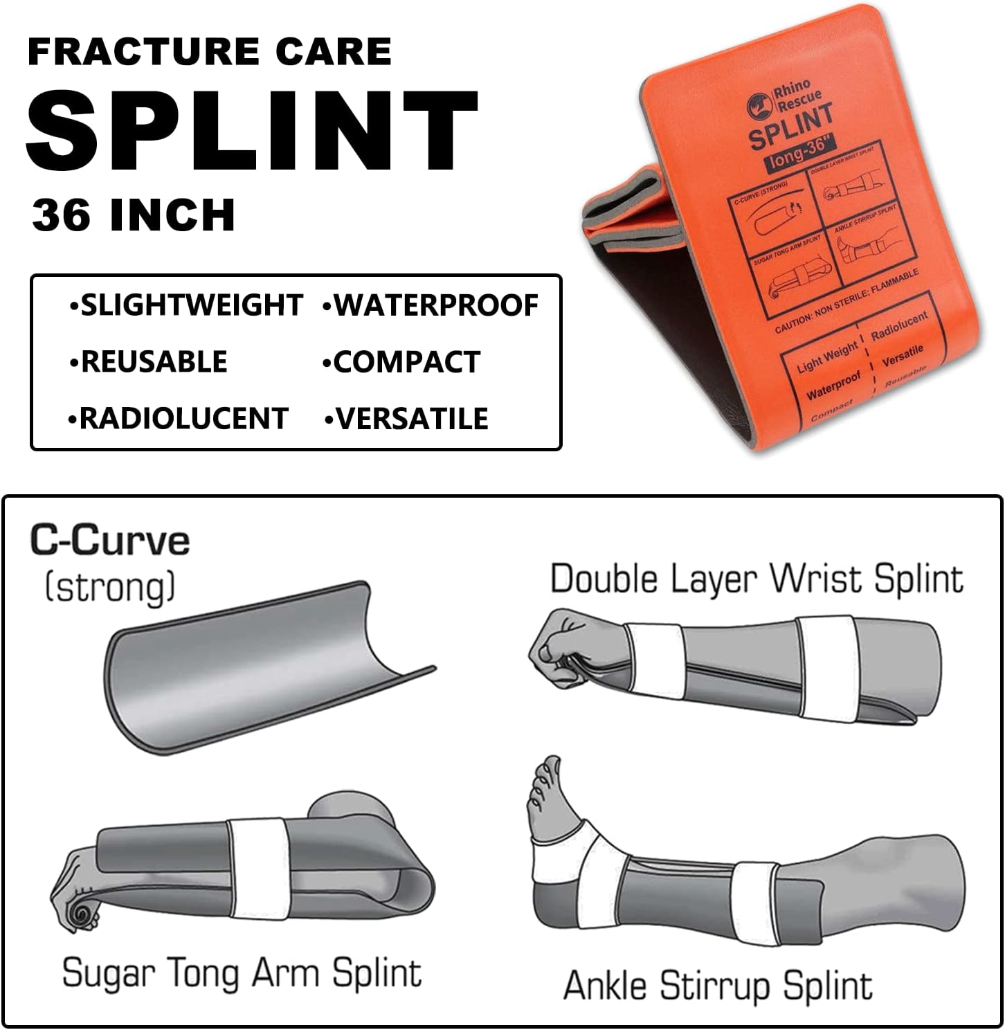 RHINO RESCUE Bundle-Vented Chest Seal, 4 Vents, Sterile Emergency Trauma Dressing, Occlusive Adhesive Pad+First Aid Splint 36" X 4.3" Orange-Gray, Keep Bones in Position (2, Folded)