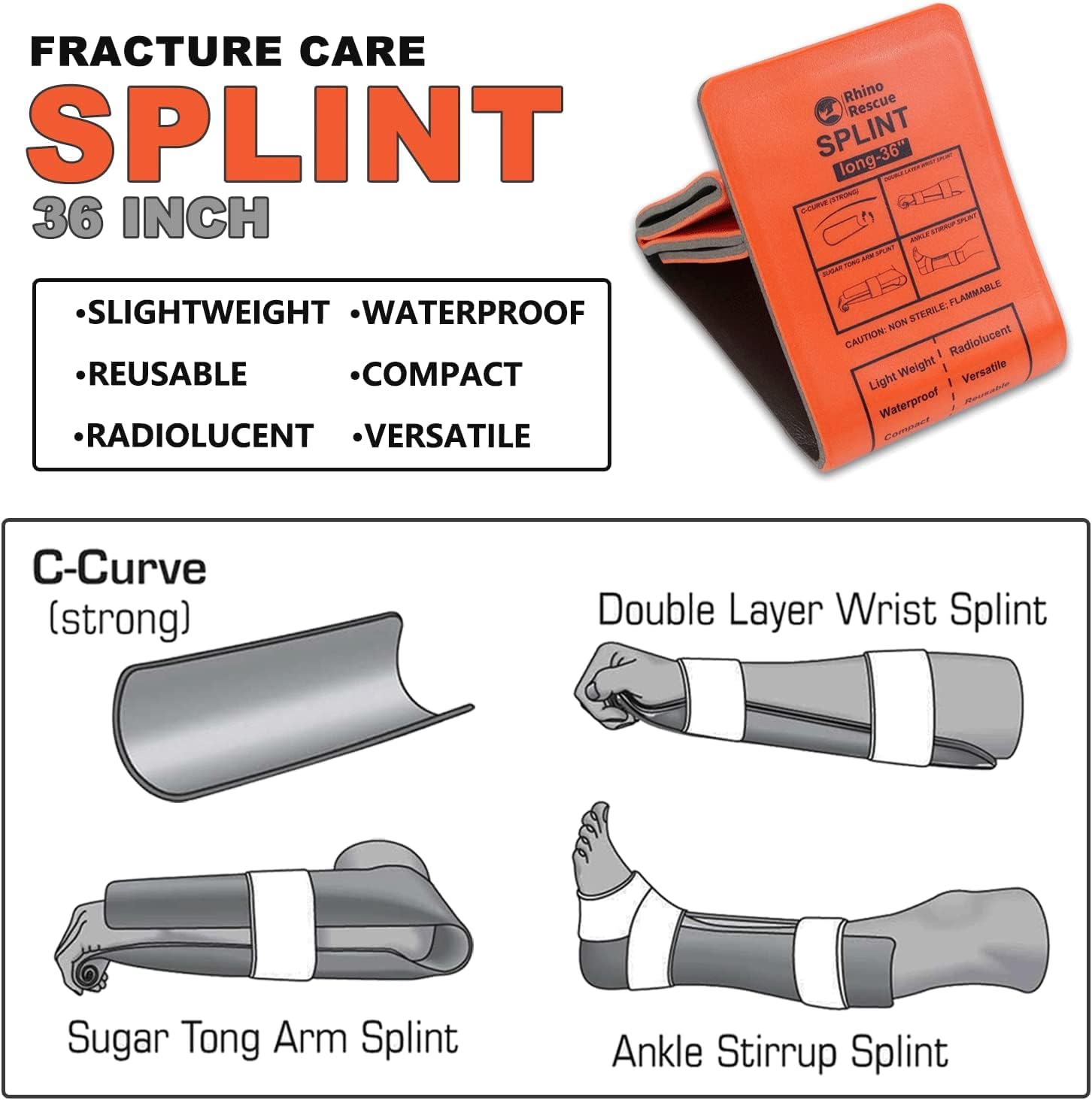 RHINO RESCUE Bundle-IFAK Trauma Kit with C-A-T Tourniquet, Tactical First Aid Kit Molle Pouch for Military+First Aid Splint 36" X 4.3" Orange-Gray