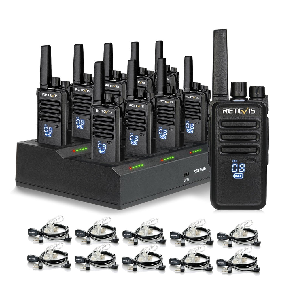 Retevis RT68 Two-Way Radios Long Range, Walkie Talkies for Adults, 2 Way Radio with Earpiece, Walkie Talkie Rechargeable with Charging Base, for Manufacturing Restaurant Business School(10 Pack)