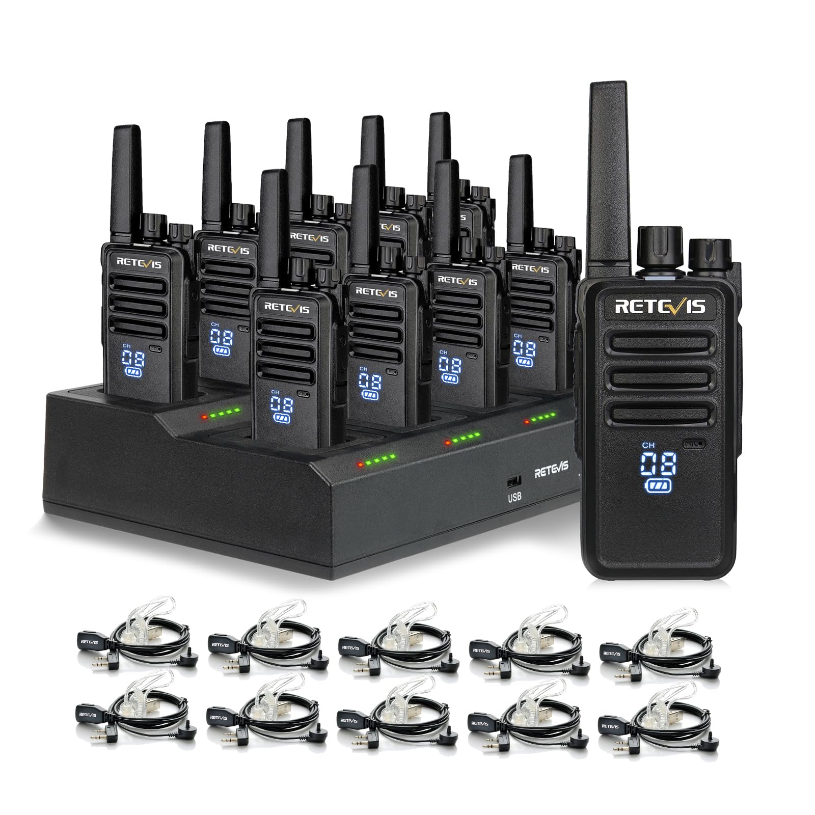 Retevis RT68 Two-Way Radios Long Range, Walkie Talkies for Adults, 2 Way Radio with Earpiece, Walkie Talkie Rechargeable with Charging Base, for Manufacturing Restaurant Business School(10 Pack)