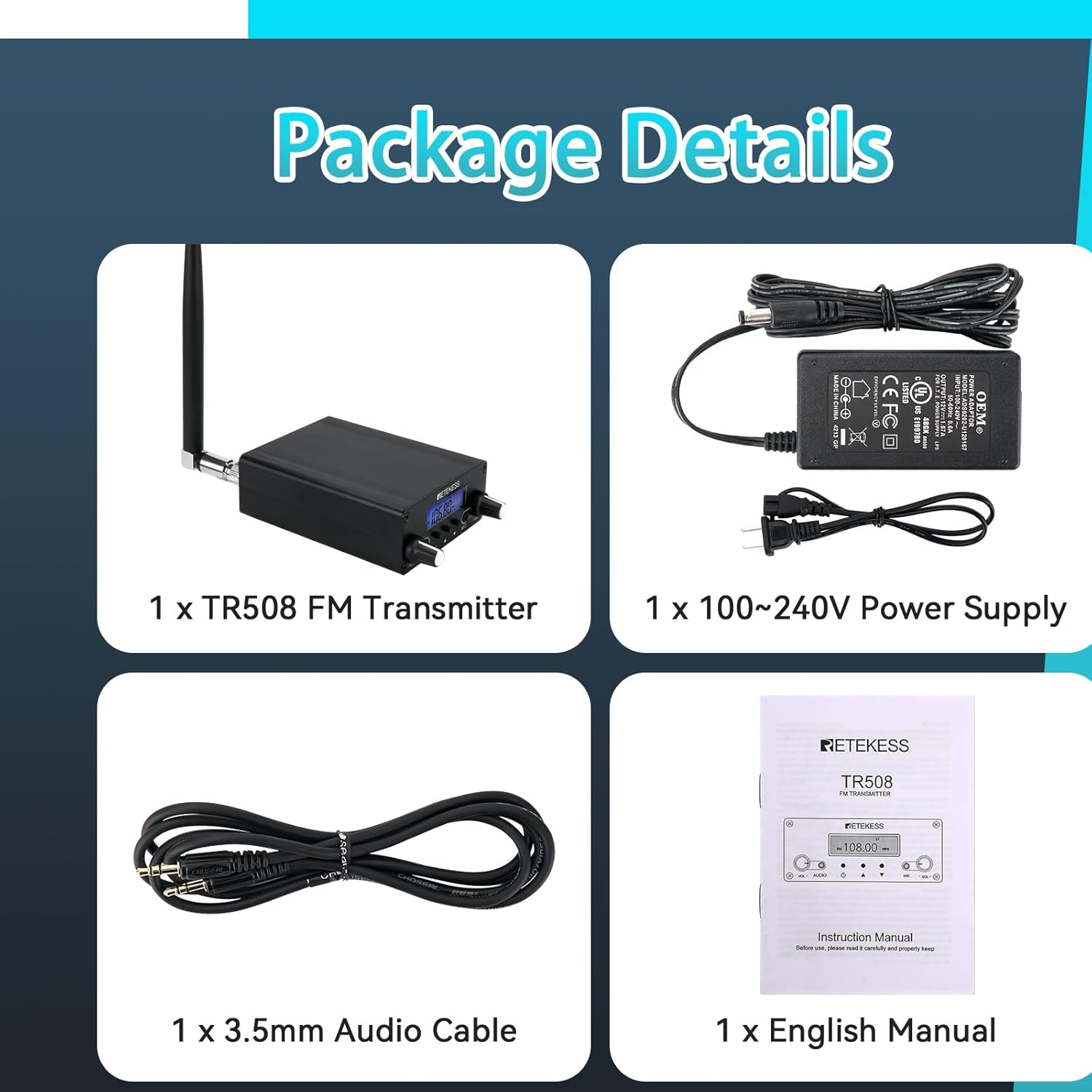 Retekess TR508 FM Transmitter for Church,FM Broadcast Transmitter,Long Range FM Radio Stereo Station with 3.5mm Mic Audio Jack for Drive in Movie,Parking Lot,Home,Library,Fcc Certified
