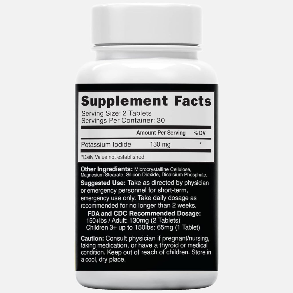 Potassium Iodide Tablets 130 mg - (60 Tablets) 10 Year Shelf-Life EXP 2034 to 2035 - Ki Pills - Yoduro de potasio - Nutri Supplements - 3rd Party Tested - NSF cGMP Certified Facility - Shelf Stable