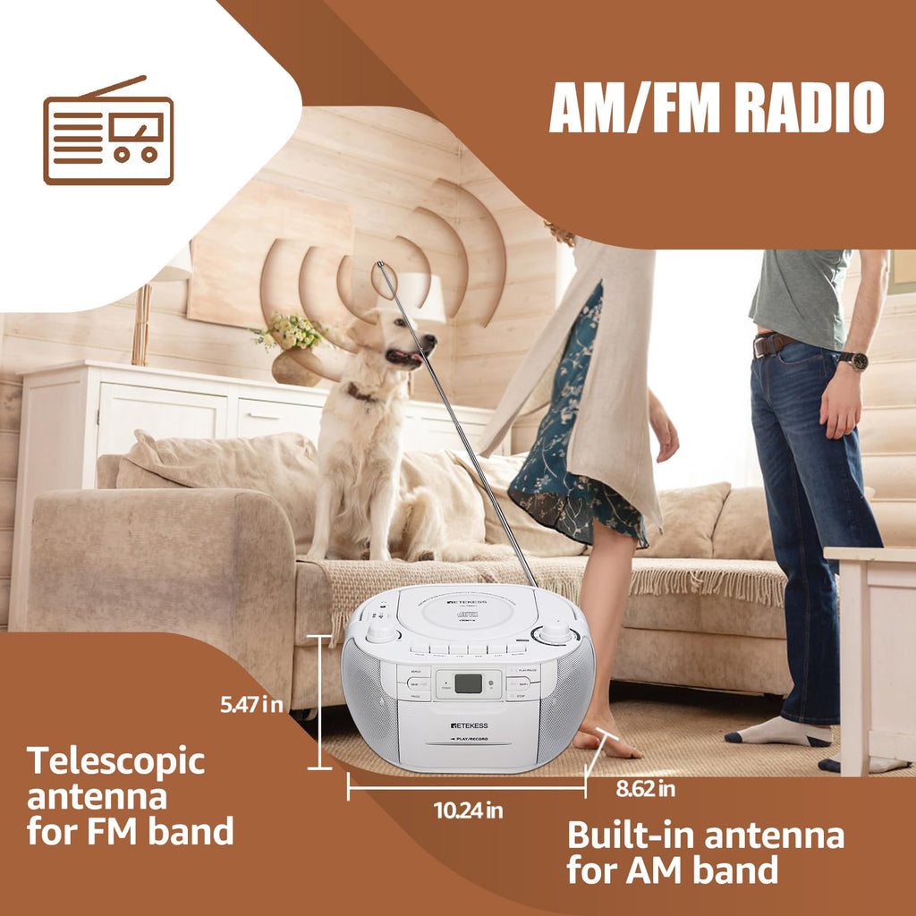 Retekess TR621 CD and Cassette Player Combo, Boombox CD Player for Home, AM/FM, Tape Recording, TF/USB Drive, AC or D Battery Powered, Headphone Jack, Stereo Sound (White)