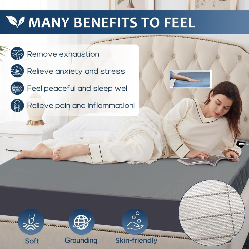 Grounding Mat for Bed, Grey Conductive Grounding Mat Improving Sleep Natural Wellness, Silver Grounding Mat Earthed for Reducing Pain with 15 Feet Grounding Cord (76"*80")