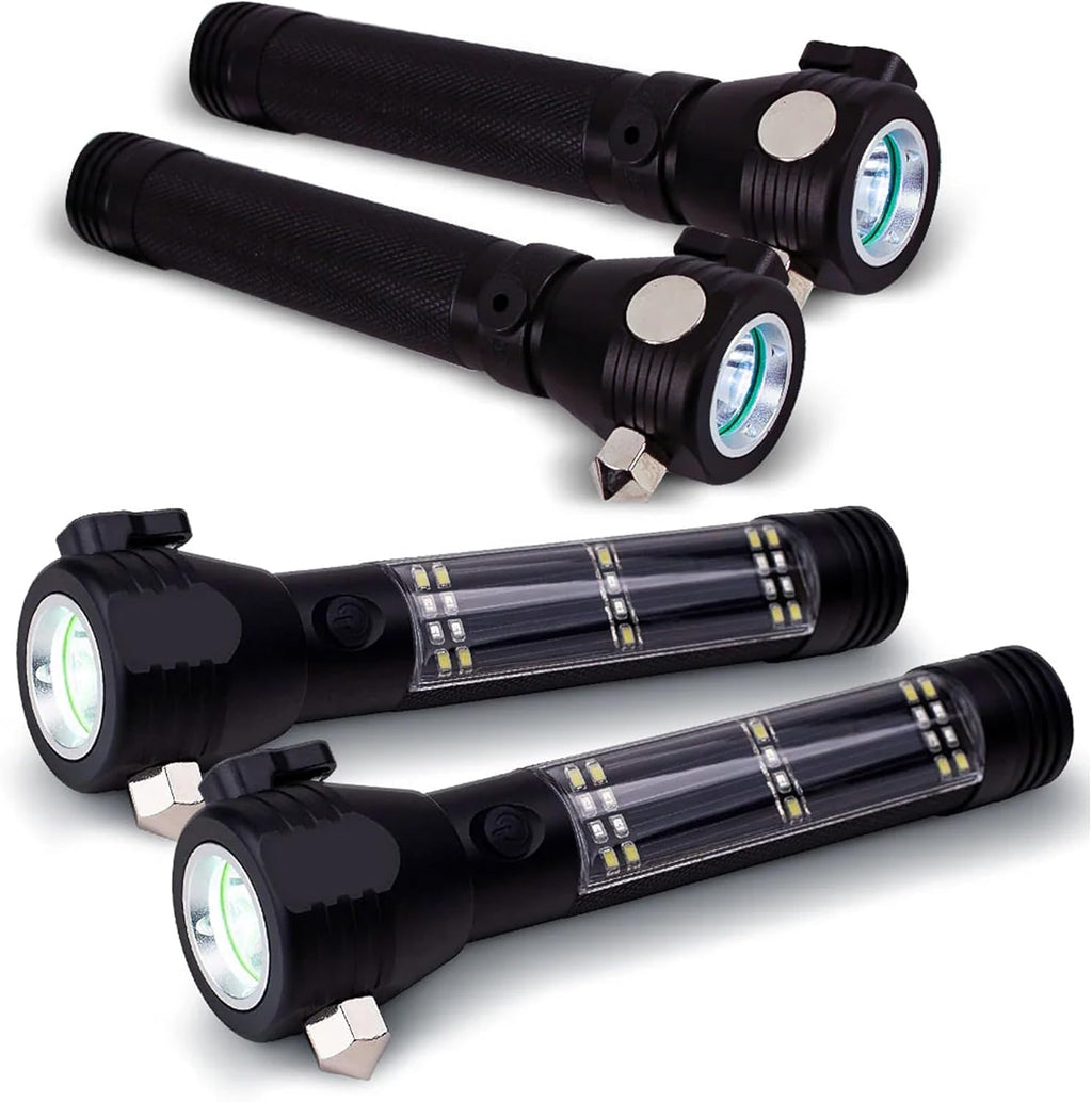 Ready Hour 9-in-1 Multi Function LED Solar Rechargeable Flashlight (4 Pack) | Emergency Car Safety Tool with Power Bank, Window Breaker, Seatbelt Cutter, Compass, Car Accessories, Gift for New Drivers