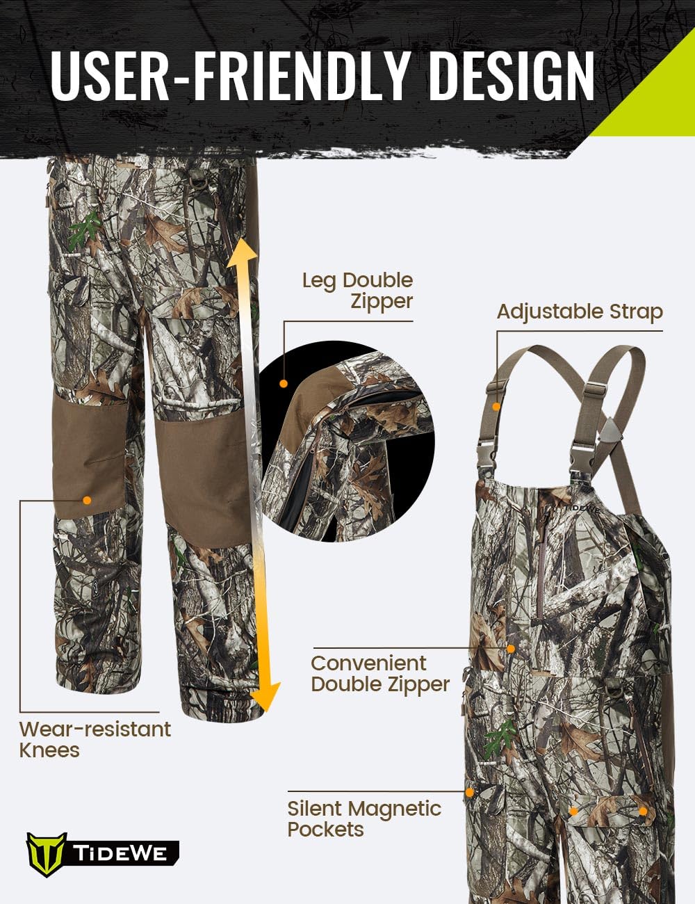 TIDEWE Hunting Bibs Heated with Battery, Waterproof Insulated Bibs for Fishing