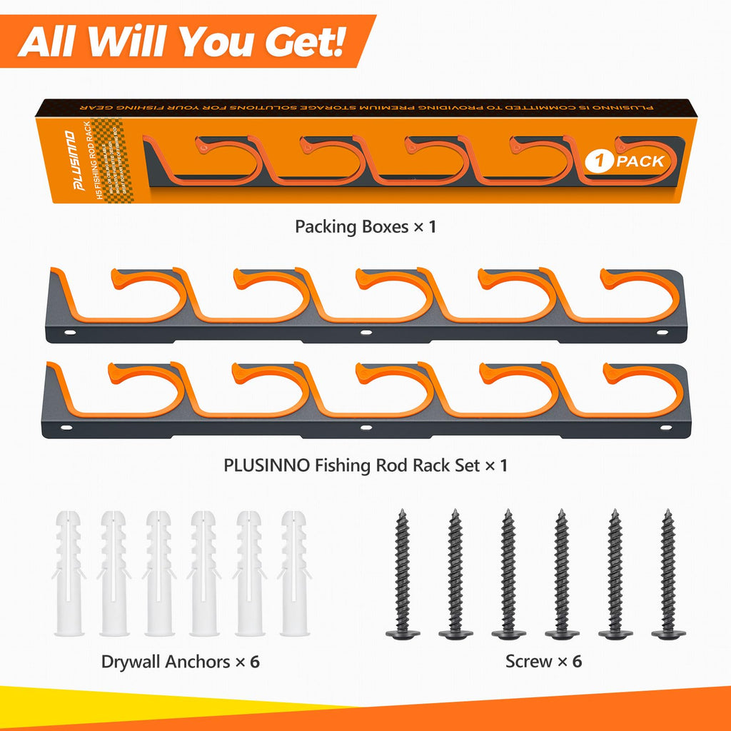 PLUSINNO H5 Horizontal Fishing Rod/Pole Holders for Garage, Wall or Ceiling Mounted Fishing Rod Rack, Aviation Aluminum Fishing Holder Holds up to 5/10/20 Rod or Combos Fishing Gear and Gifts for Men