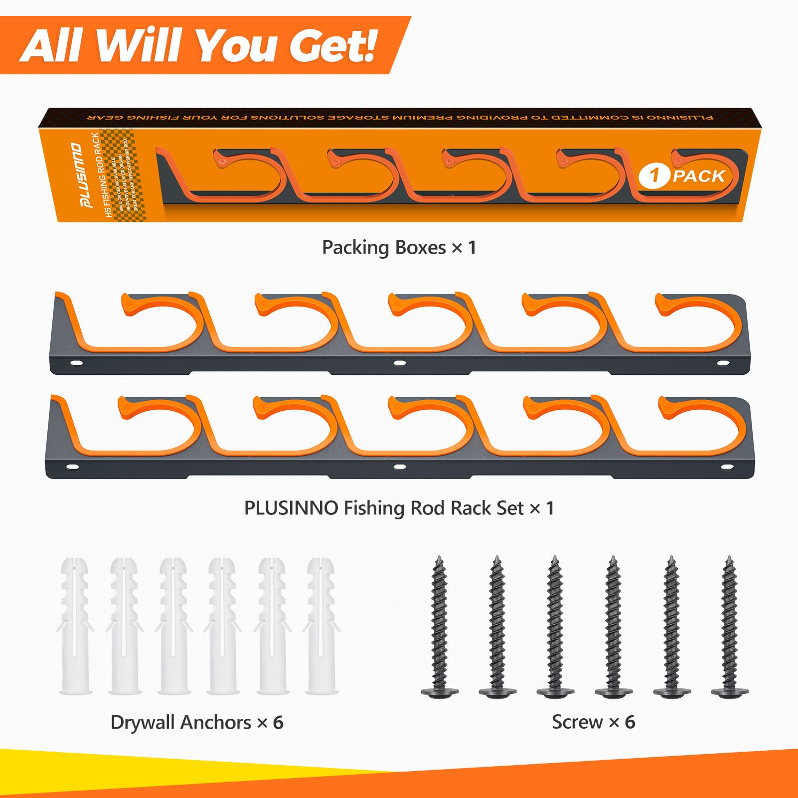 PLUSINNO H5 Horizontal Fishing Rod/Pole Holders for Garage, Wall or Ceiling Mounted Fishing Rod Rack, Aviation Aluminum Fishing Holder Holds up to 5/10/20 Rod or Combos Fishing Gear and Gifts for Men
