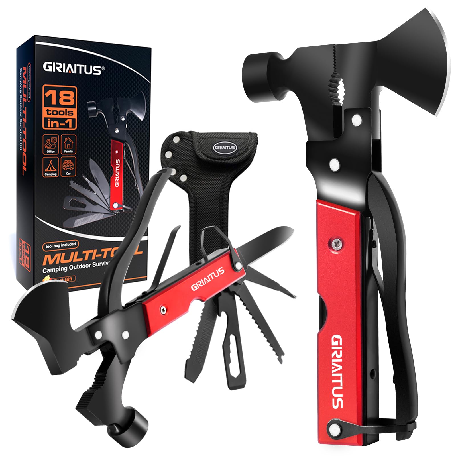Camping Multitool Accessories Stocking Stuffers for Men 16 in 1 Multi Tool Survival Gear with Axe Hammer Pliers Saw Screwdrivers Bottle Opener Whistle with Sheath for Hiking, Gifts for Men Dad Him
