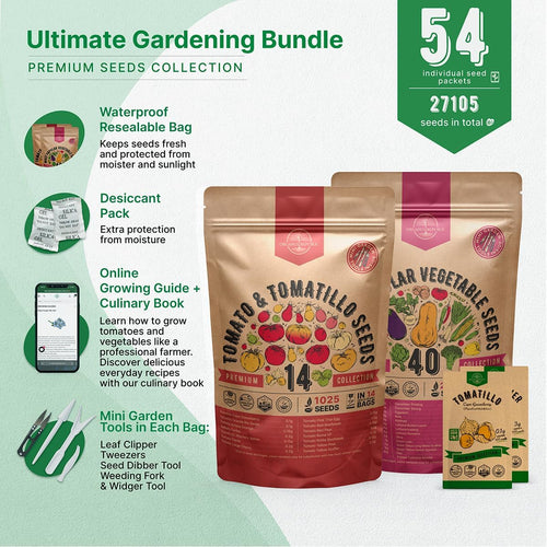 14 Tomato Seeds & 40 Vegetable Seeds Variety Pack Bundle, 27,025+ Non-GMO Heirloom Garden Seeds for Planting Tomatoes and Vegetables for Indoor & Outdoor Gardening