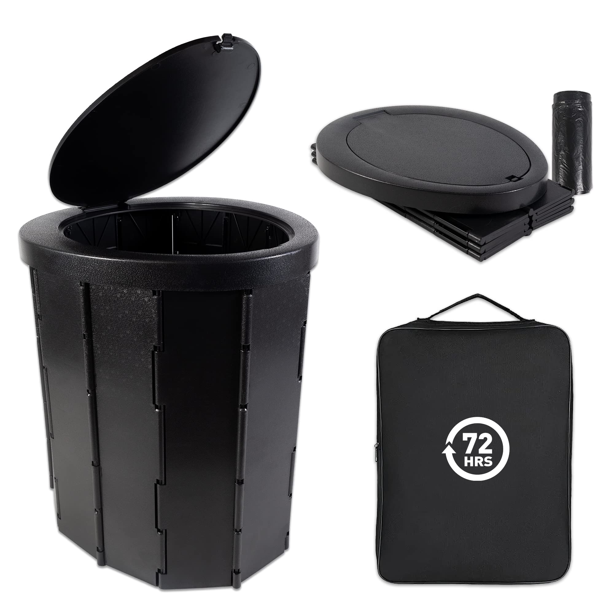 72 HRS Portable Collapsible Camp Toilet - Extra Large, Lightweight & Sturdy (With 12 Toilet Bags)