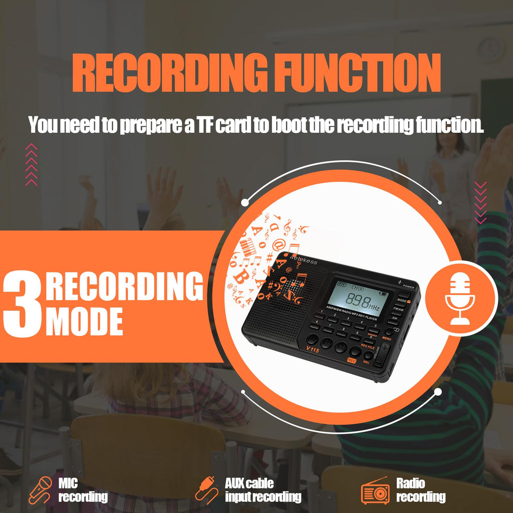 Retekess V115 Shortwave Radio, Digital Radio AM FM, Shortwave Receiver with 1000mAh Rechargeable Battery, Presets, TF/AUX Playback and Recording, Bass Speaker, for Camping