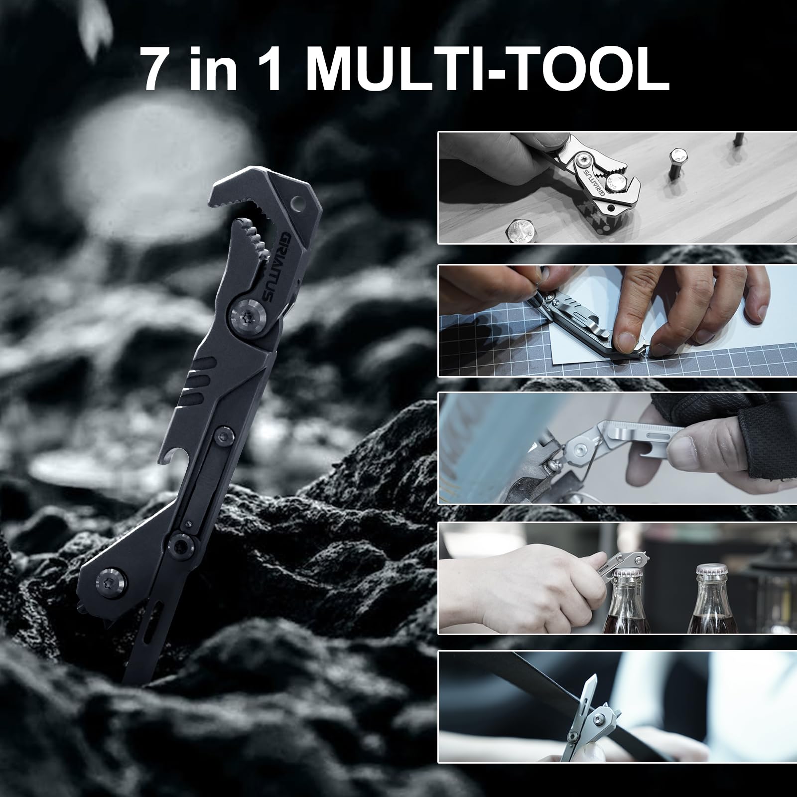 EDC Multitool 7 in 1 with knife, Wrench, Folding Knife, Screwdriver, Bottle Opene, Ruler, Urgent Car Window Breaker and Seatbelt Cutter, EDC Pocket Multi Tool for Gifts for Men (Bright silver)