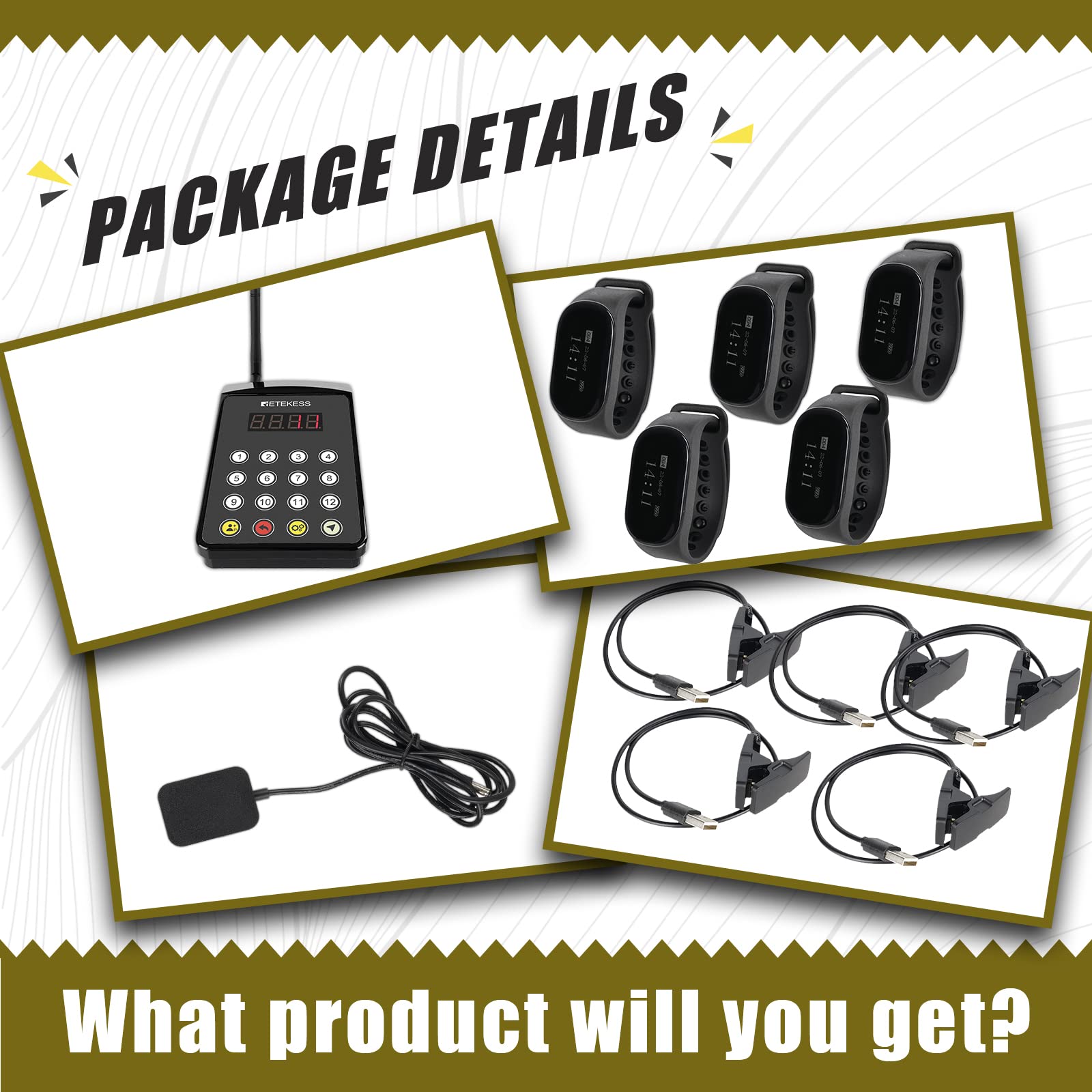 Retekess TD154 Restaurant Pagers for Servers,Waitress Pager System,1312ft,IPX7 Waterproof,3 Operating Modes,5 Watch Receivers for Hotel,Kitchen,Bar
