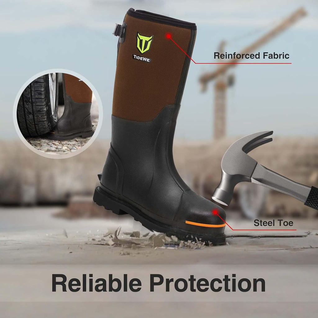 TIDEWE Rubber Work Boot for Men with Steel Toe & Shank, Waterproof Anti Slip Hunting Boot, 6mm Neoprene Hunting Boot for Manufacturing, Construction, Farming, Black,Brown, Size 7-13