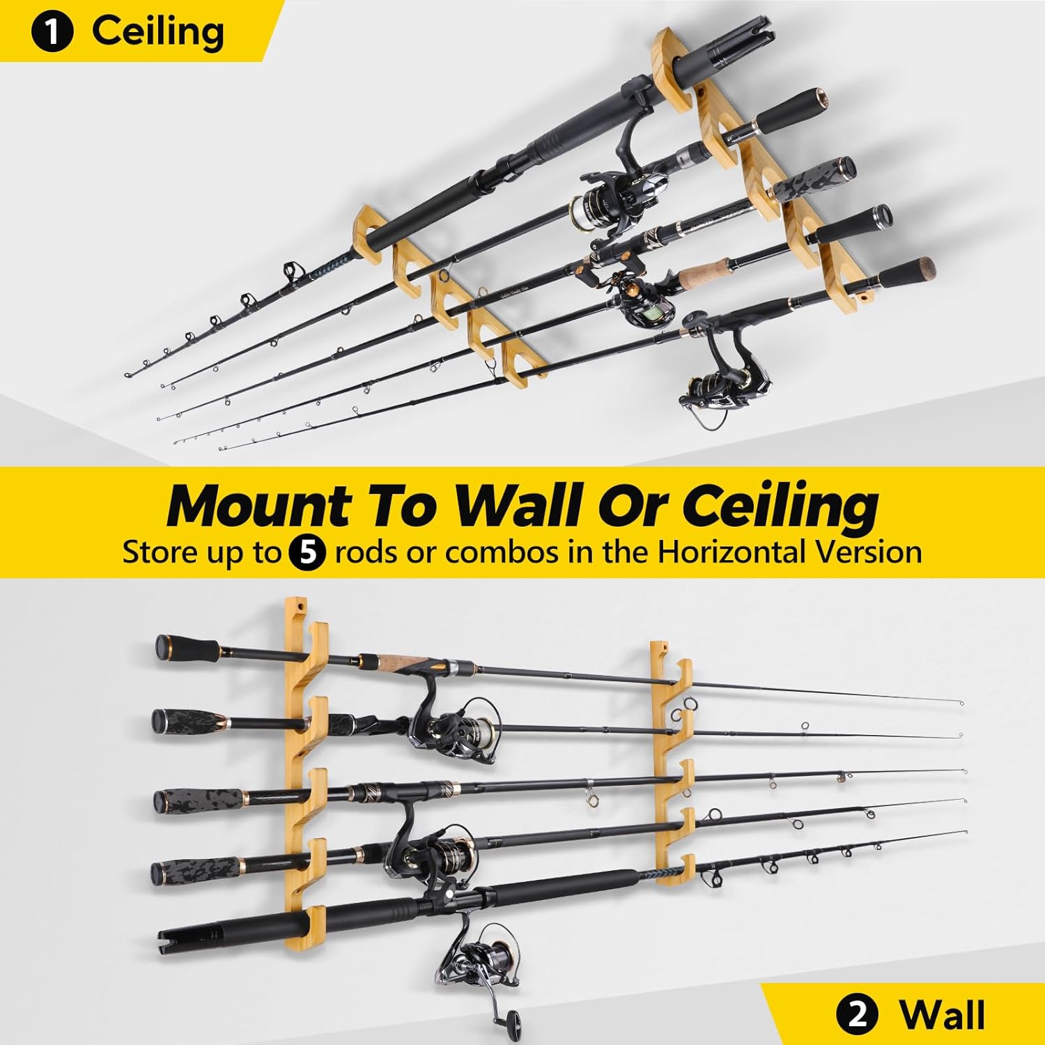 PLUSINNO WH5 Horizontal Fishing Rod/Pole Holders for Garage, Wall or Ceiling Mounted Rack, Solid Wood Fishing Rod Holder Holds up to 5/10/20 Rods or Combos Fishing Gear, Gifts for Men