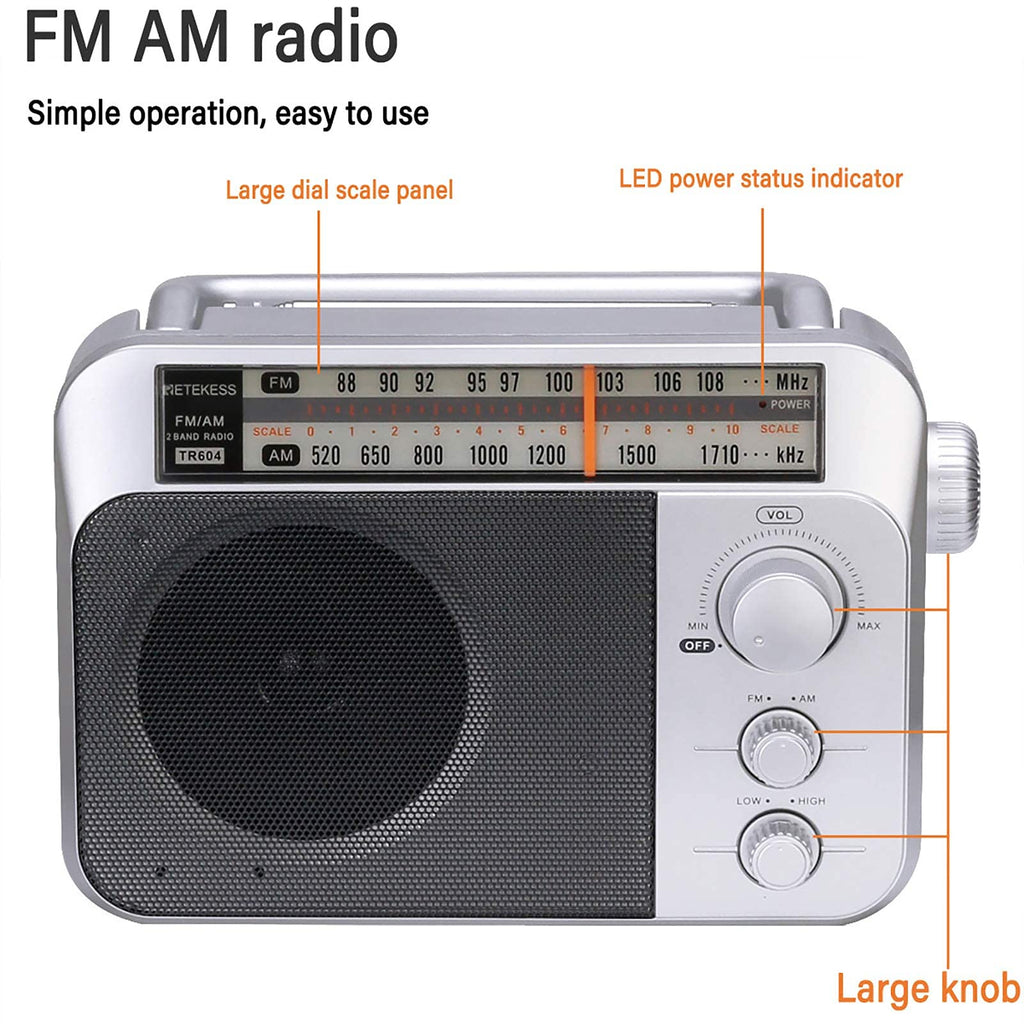 Retekess TR604 AM FM Radio,Portable Radio Plug in Wall,D Battery Operated,Large Dial,High/Low Tone Mode,Big Speaker,Earphone Jack,for Home,Picnic,Senior