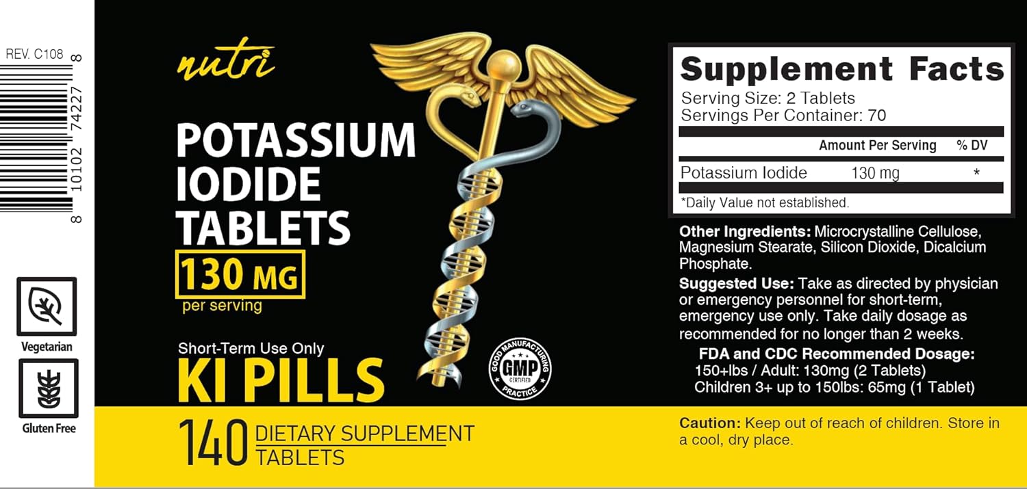 Potassium Iodide Tablets 130 mg - (60 Tablets) 10 Year Shelf-Life EXP 2034 to 2035 - Ki Pills - Yoduro de potasio - Nutri Supplements - 3rd Party Tested - NSF cGMP Certified Facility - Shelf Stable