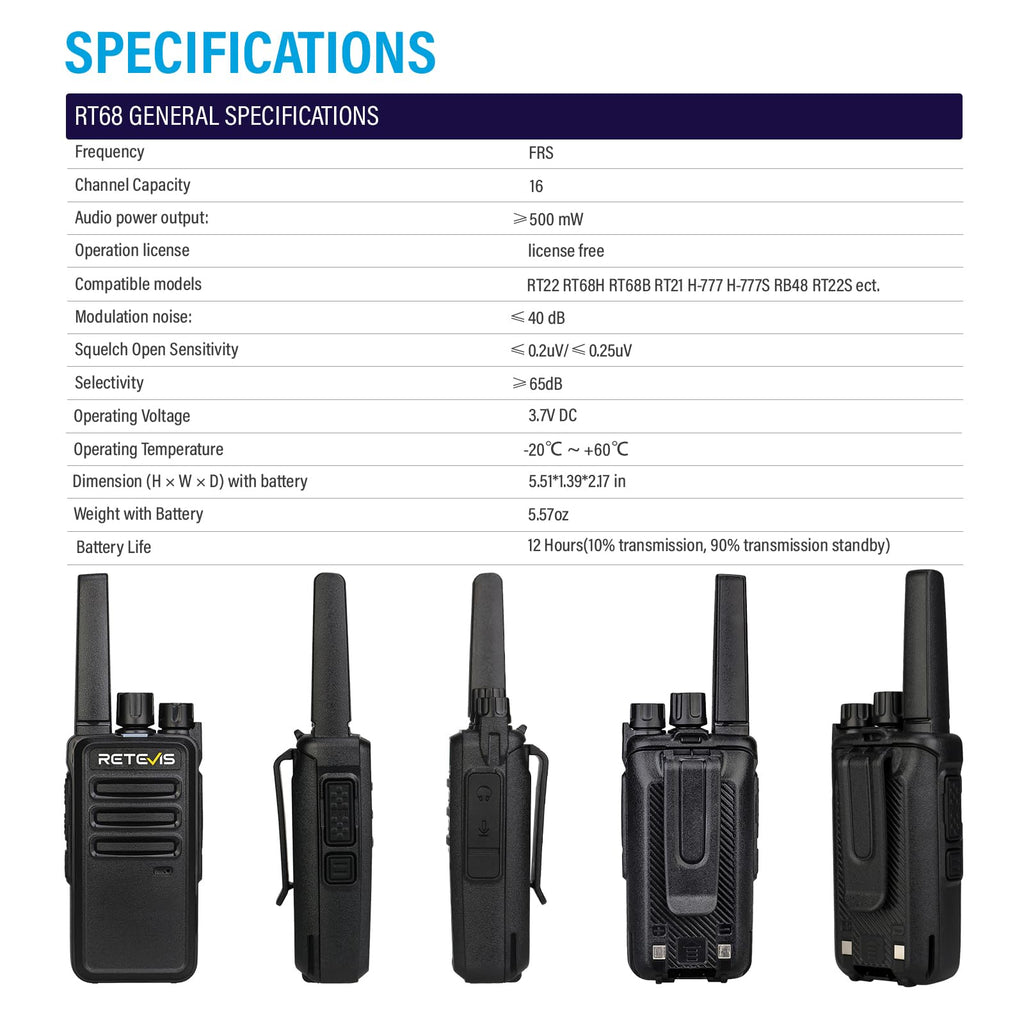 Retevis RT68 Walkie Talkies Rechargeable,Portable FRS Two-Way Radios for Adults,Heavy Duty 2 Way Radios Long Range,USB Charging Base,License Free Walkie Talkie for Road Trip Gifts Camping (2 Pack)