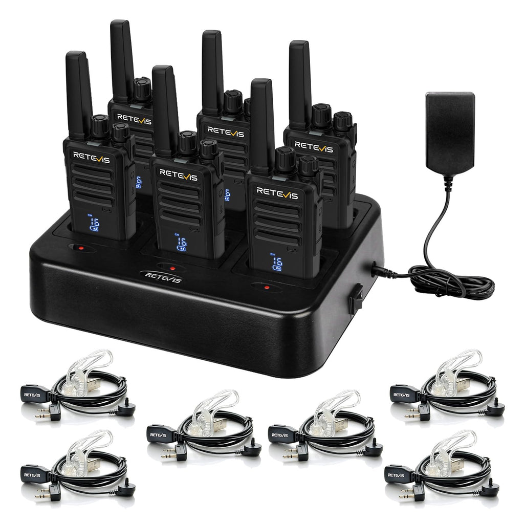 Retevis RT68 Walkie Talkies with Earpiece, Portable FRS Two-Way Radios Rechargeable, with 6 Way Multi Unit Charger, Hands Free, Long Range, Rugged 2 Way Radios 6 Pack for Adults School Church